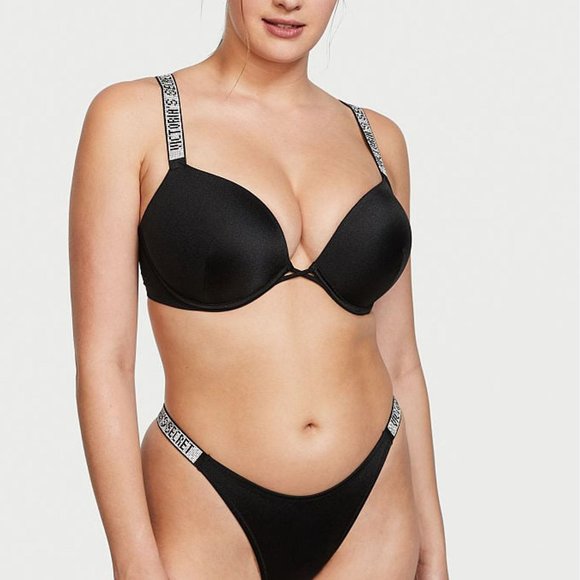 Black Victoria's Secret Swim Shine Strap Brazilian Bikini Bombshell top - Picture 1 of 4